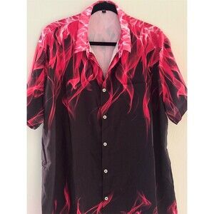 Mens Button-Up Shirt XL Black Red Flame Graphic Print Short Sleeve